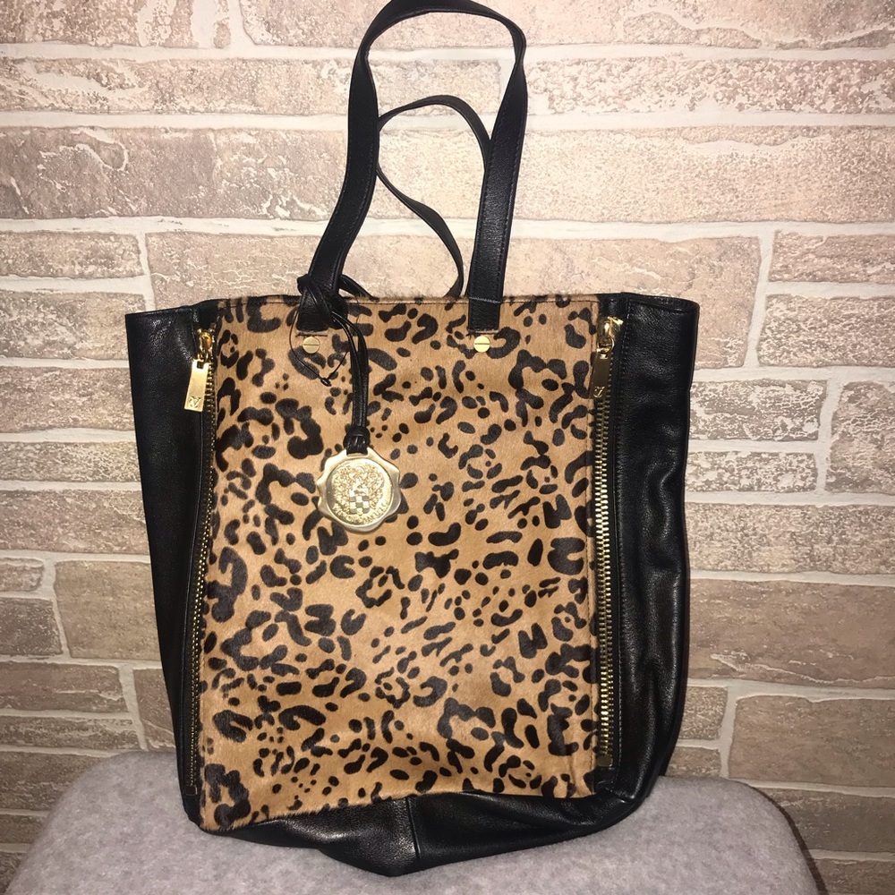 Vince Camuto Black Leather Calfhair Leopard  Tote